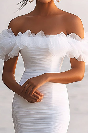 White Off The Shoulder Asymmetrical Ruffled Bridal Shower Dress